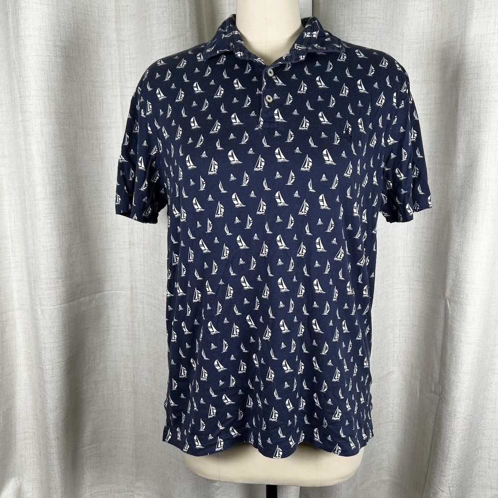 Polo Ralph Lauren Short Sleeve Shirt Men Large Blue White Sailboats All Over
